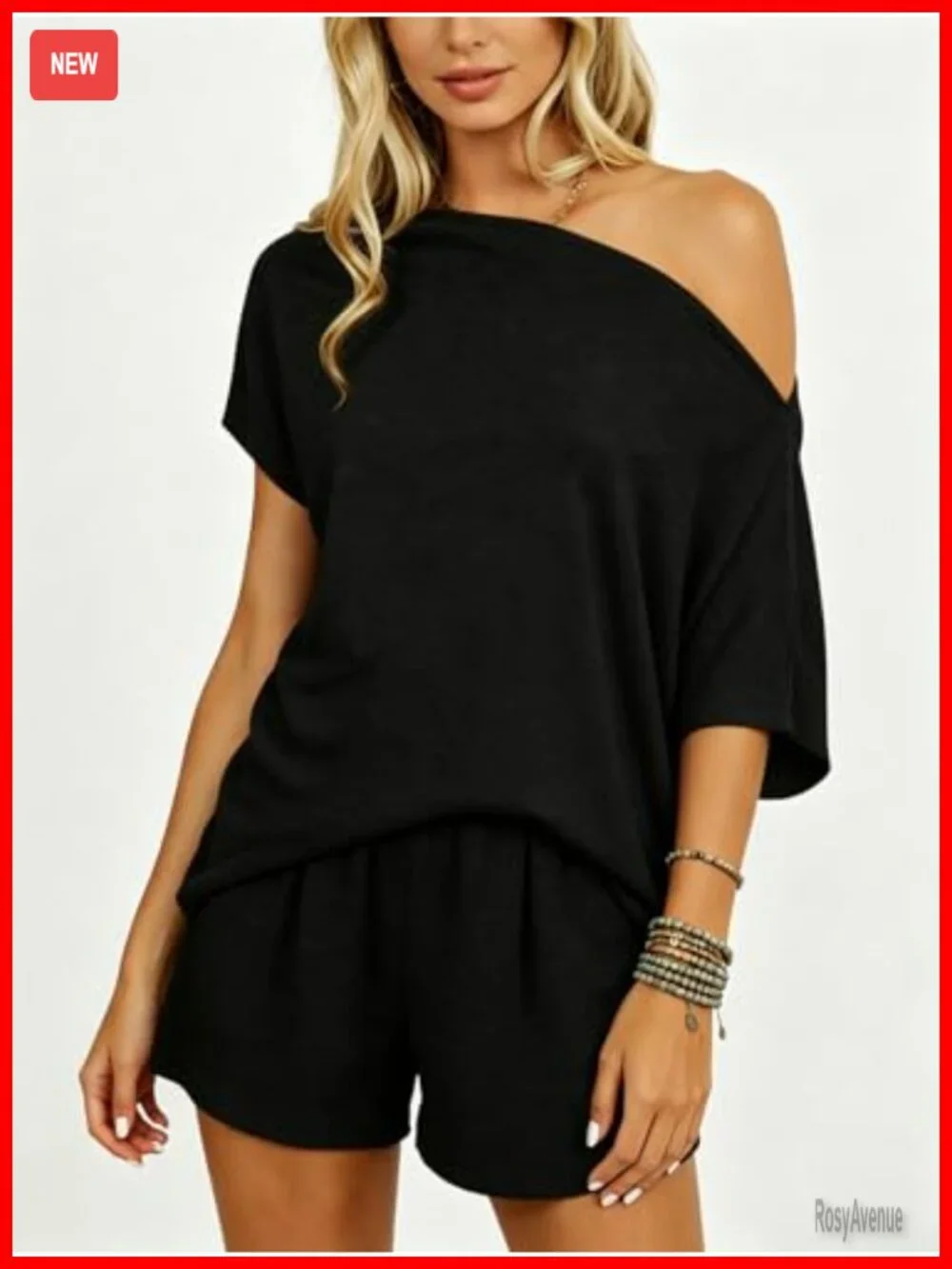 2 Piece Short Set - Off Shoulder Batwing Top & Shorts Pajama Lounge Set
